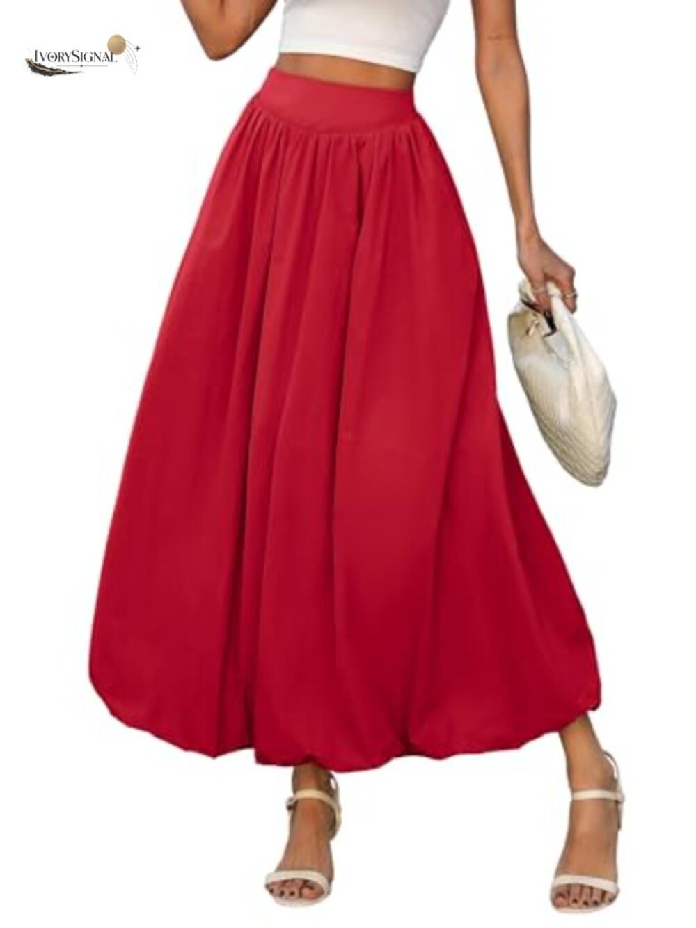 Bubble Maxi Skirt A-Line Elastic Waist Puffy Hem Polyester Blend